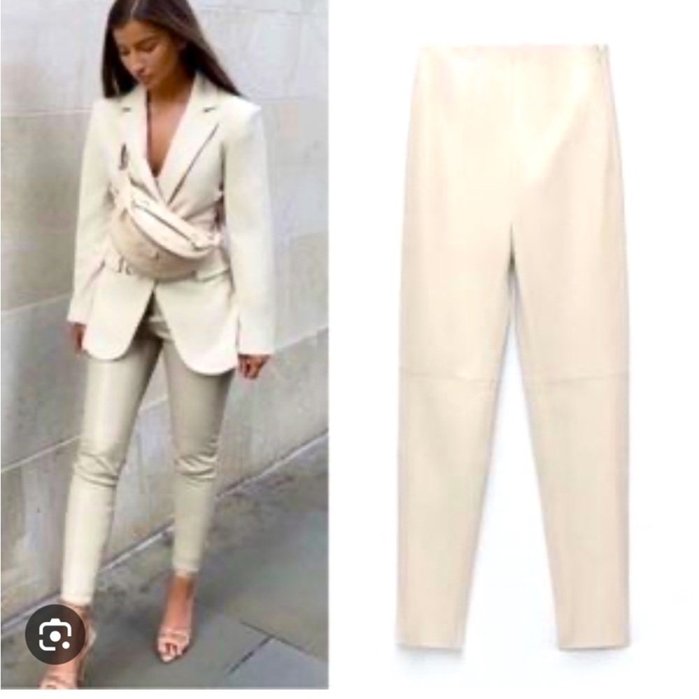 ZARA women’s faux leather cream fully lined leggings size medium - Picture 3 of 14
